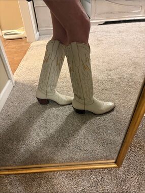 Cream Embroidered Western Knee-High Boots with Stacked Heel
